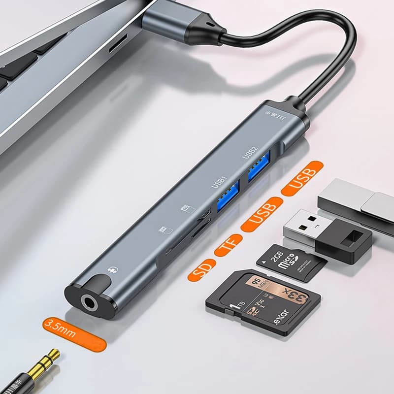 Hub 5 in 1 con audio da 3,5 mm da tipo C a USB HUB Caricabatterie Estendi scatola convertitore adattatore con lettore di schede Micro SD TF Splitter USB