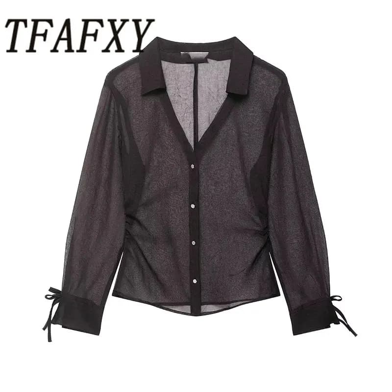 TFAFXY Camicie traslucide da donna a maniche lunghe con scollo a V Camicette con fiocco Moda elegante ragazza Top Camicia da donna chic