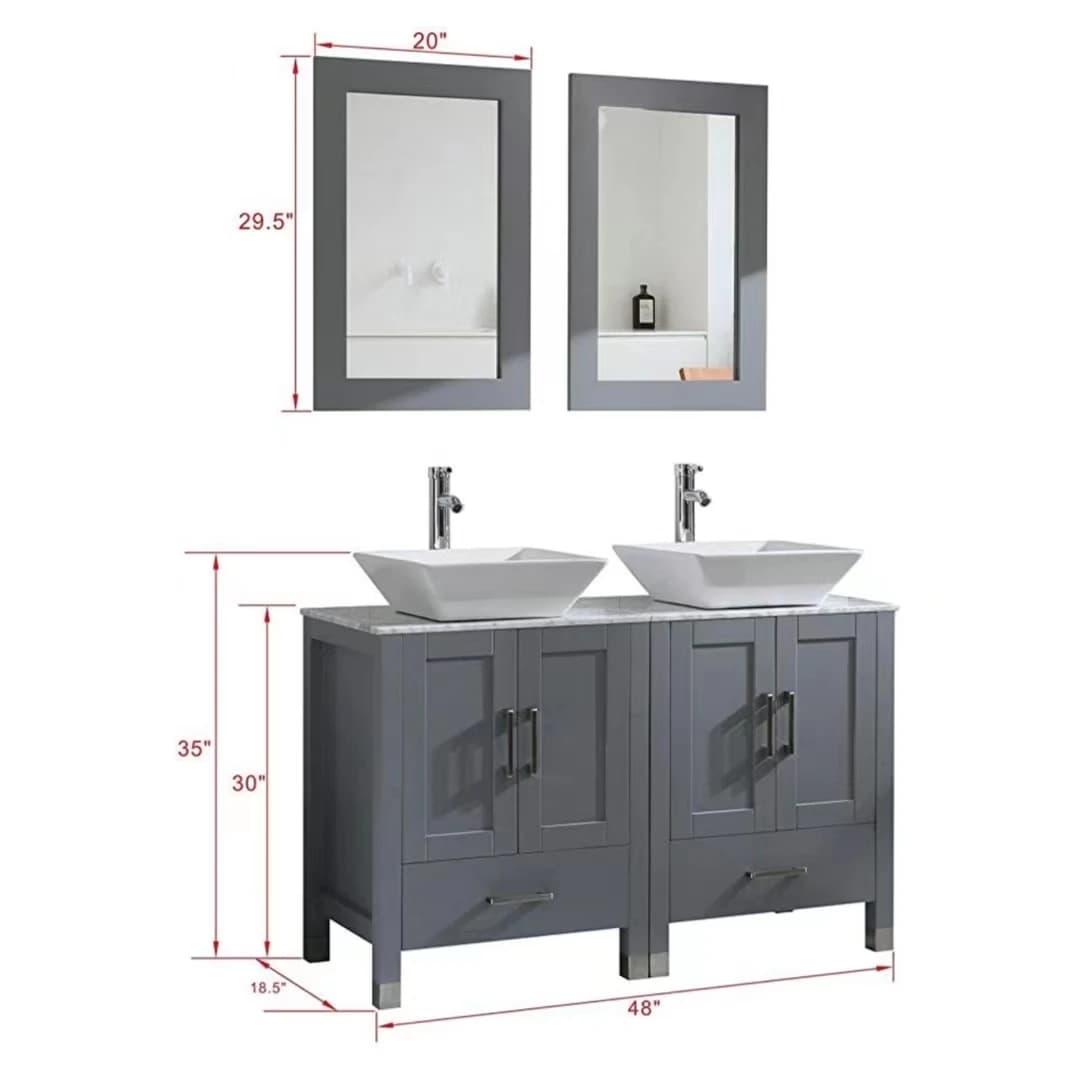 Mobile bagno doppio lavabo da 48 pollici con piano in vetro effetto marmo, finitura grigia, con rubinetto, specchio e set di scarichi