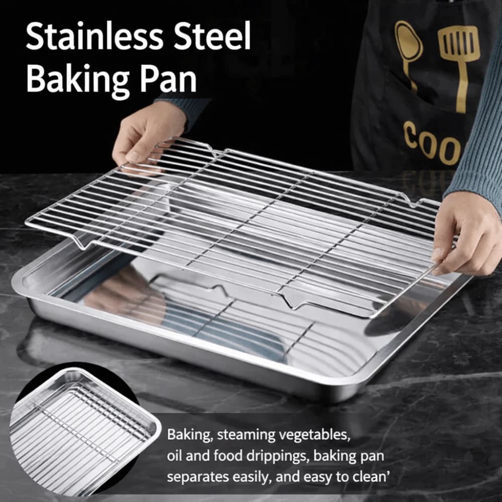 Portable Non-Stick Stainless Steel Baking Pan Removable with Cooling Rack BBQ Tray Square Oven Rack for Cooking Roasting