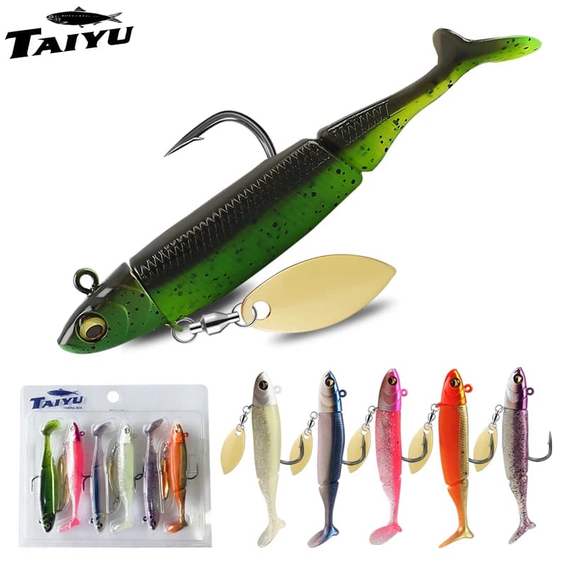 TAIYU 6 pieces set 9cm 15g lead head hook T tail lead wrapped fishing lure soft bait night glow sea fishing lure im soft bait