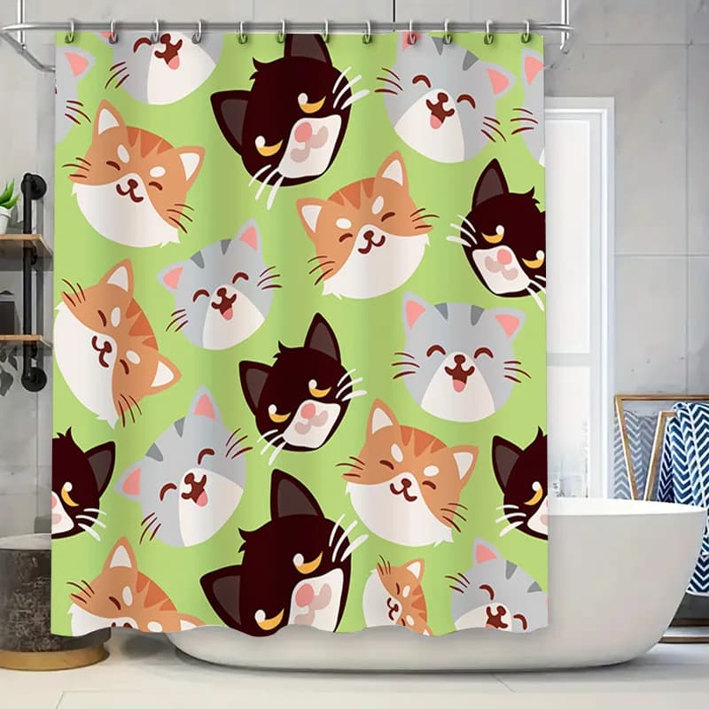 Tenda da doccia verde con motivo volti di gatto per l'arredamento del bagno Set di tende da doccia impermeabili in tessuto poliestere stampato in 3D con H
