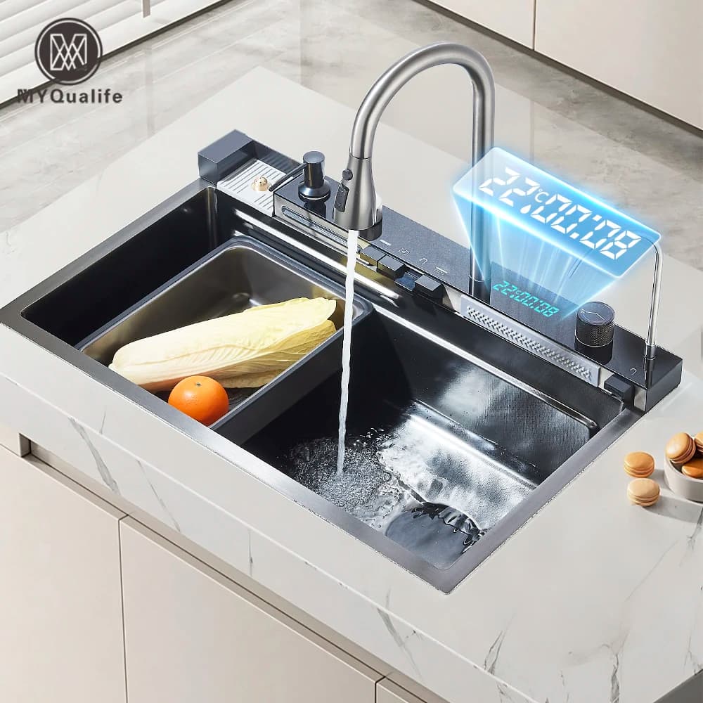 Lavello da cucina a cascata in acciaio inossidabile 304 Set di rubinetti con display digitale integrato a fessura singola grande Dispenser di sapone Lavatazze