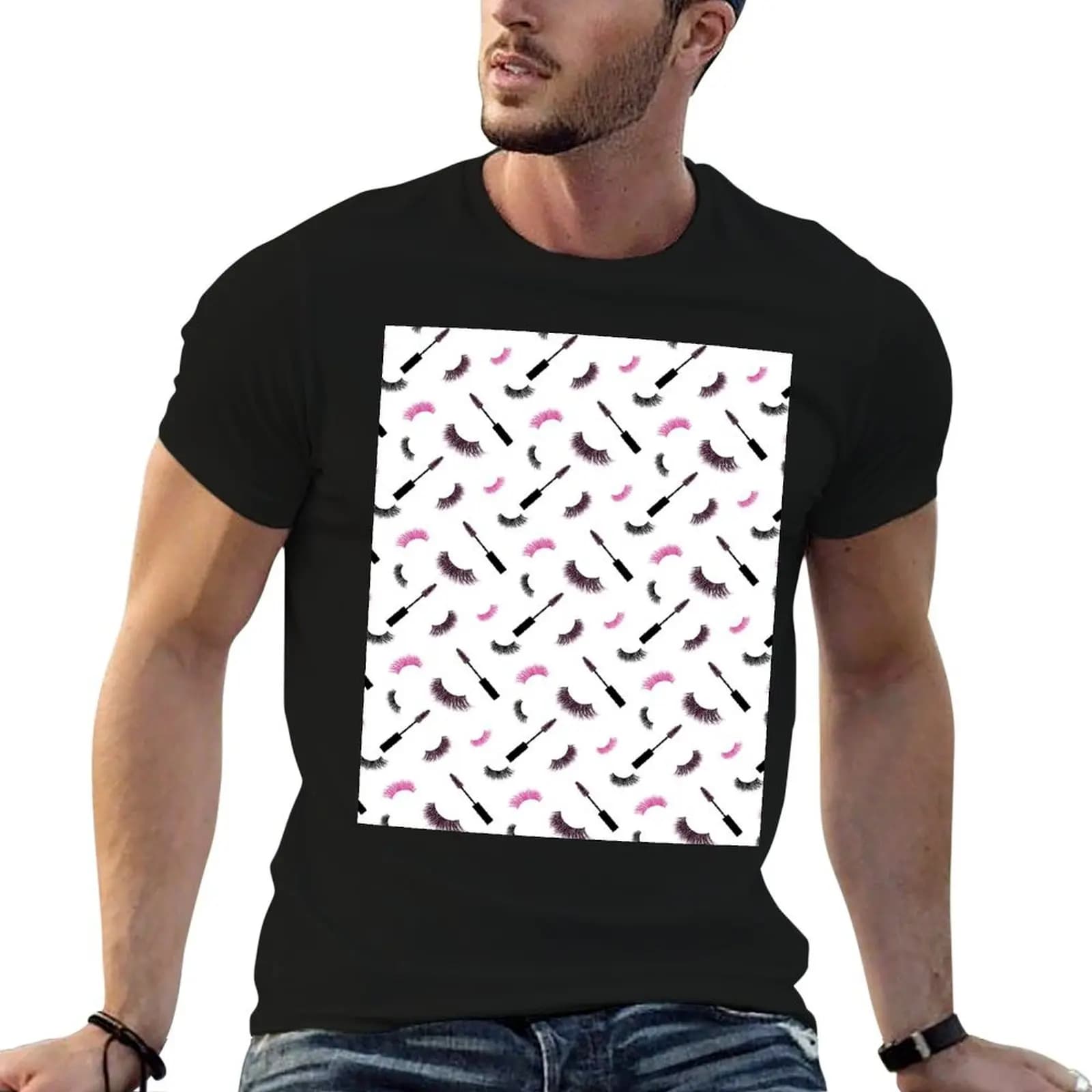 T-shirt da uomo con motivo ciglia e mascara con glitter rosa, t-shirt di lusso, t-shirt firmata