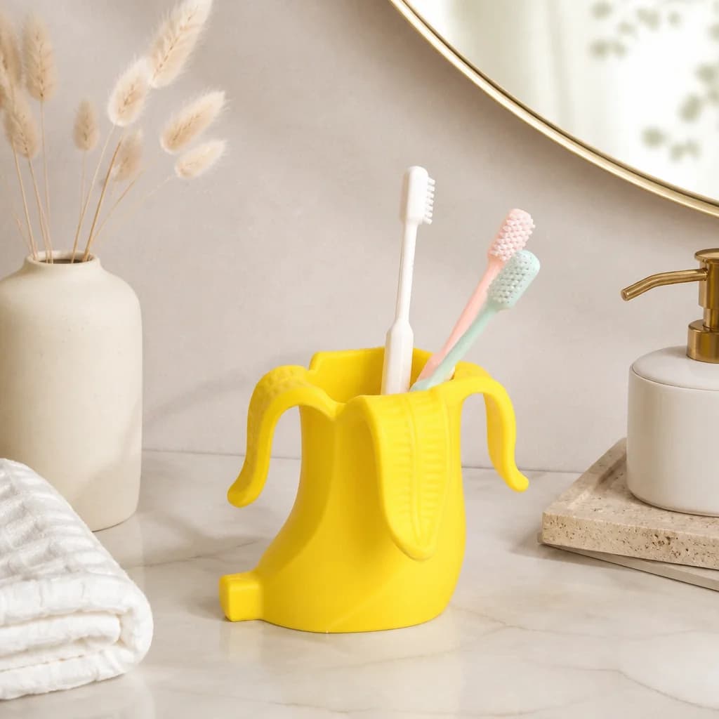 Cute Banana Shaped Pen Holder, Yellow Plastic Makeup Brush Organizer Cup, Funny Fruit Desktop Storage for Home Office Desk Decor