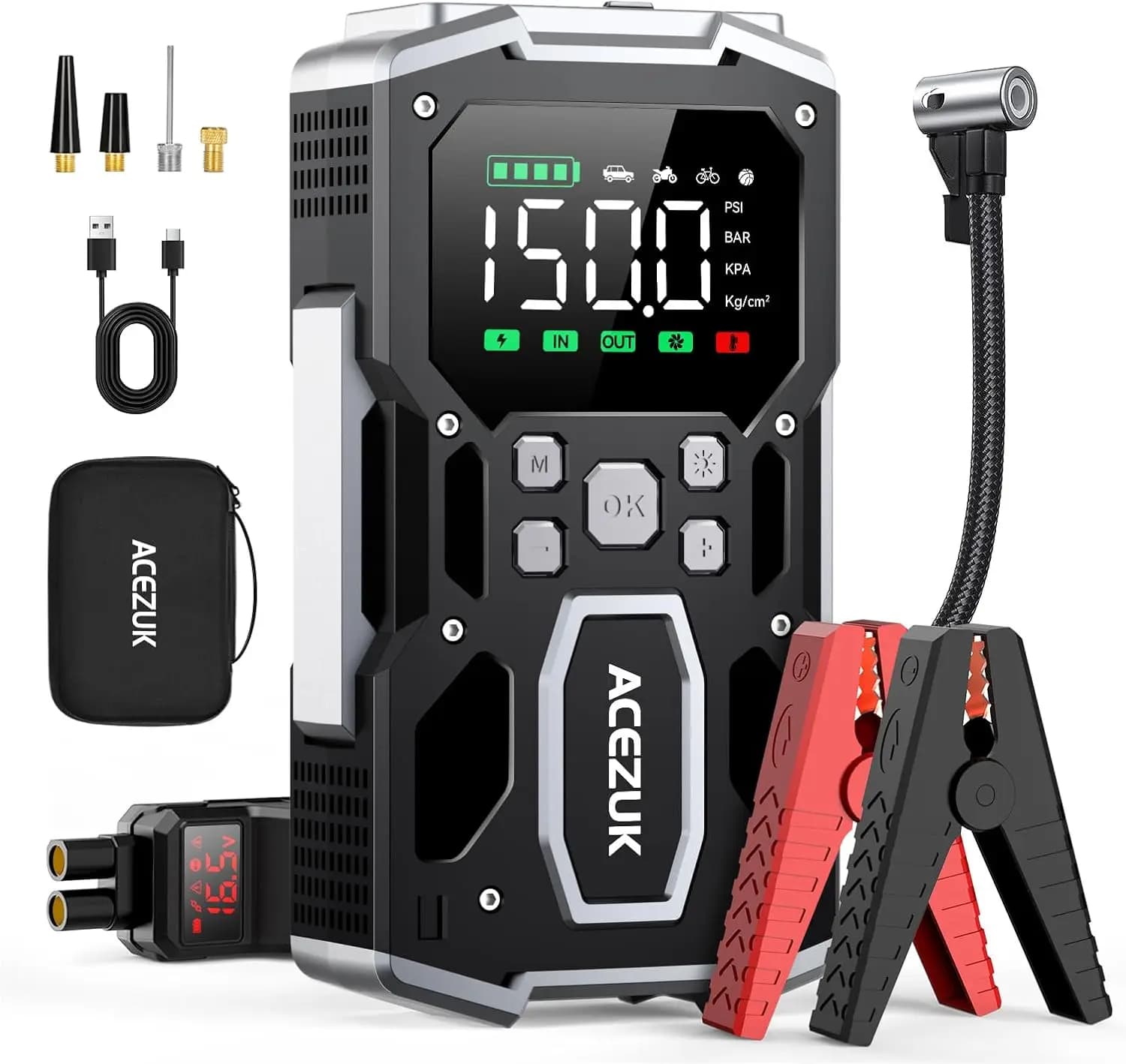 Avviatore portatile per auto con compressore d'aria, picco 8000 A, pompa 150 PSI, display LCD e doppie luci per uso di emergenza