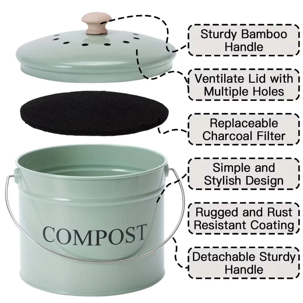 Odorless Kitchen Compost Bucket Large Capacity Activated Charcoal Filtration Food Waste Composting Bin Folding Handle Metal