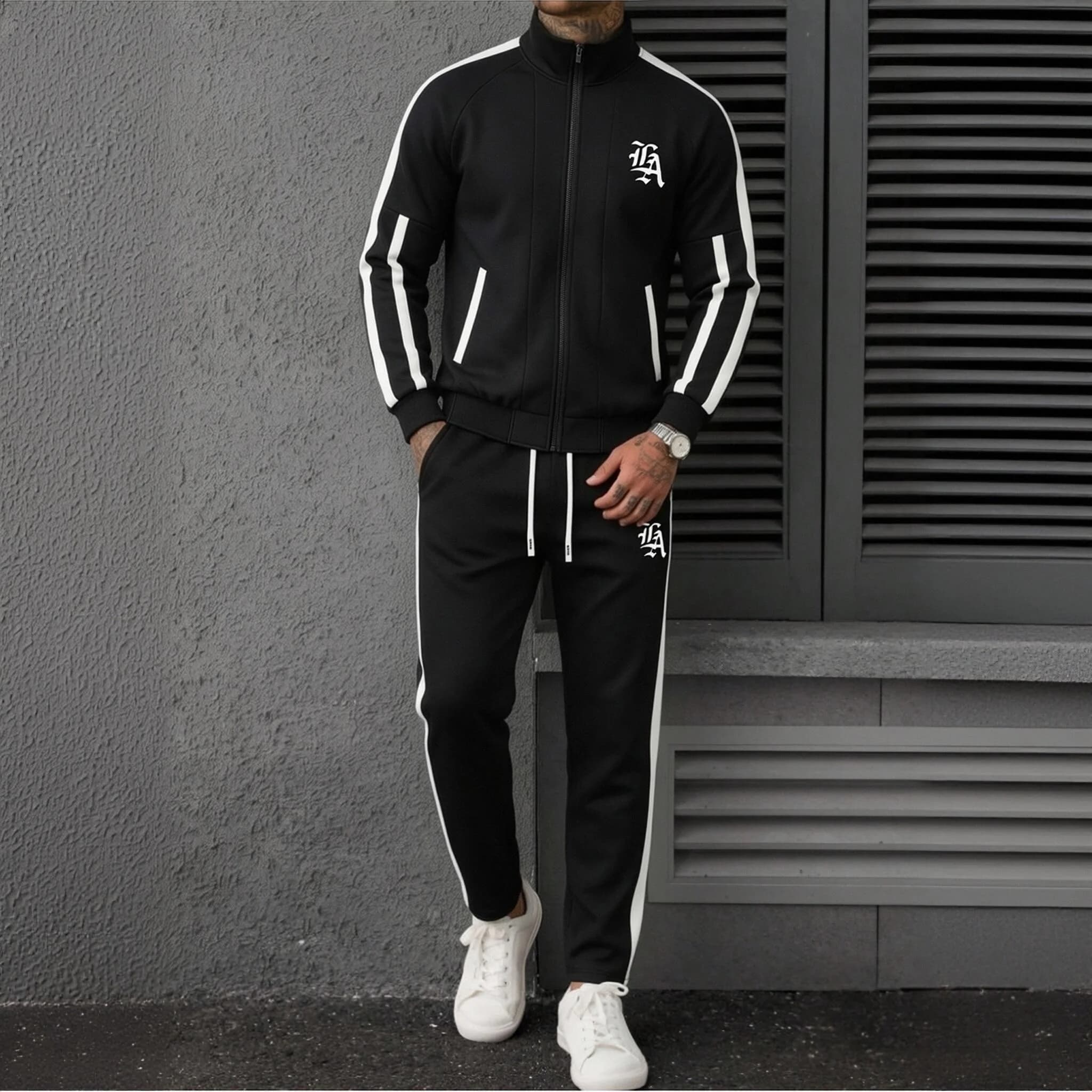 Men 2‑Piece Tracksuit LA Letter Print Side Stripe Zip Up Jacket & Pants Set Casual Sports Male Matching Streetwear Outfit