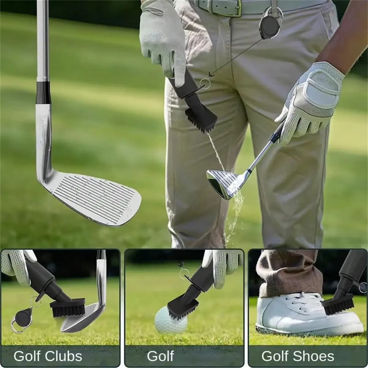 Spazzola per la pulizia delle mazze da golf con spray d'acqua, detergente portatile per scanalature con moschettone retrattile, accessori da golf per scarpe e palline
