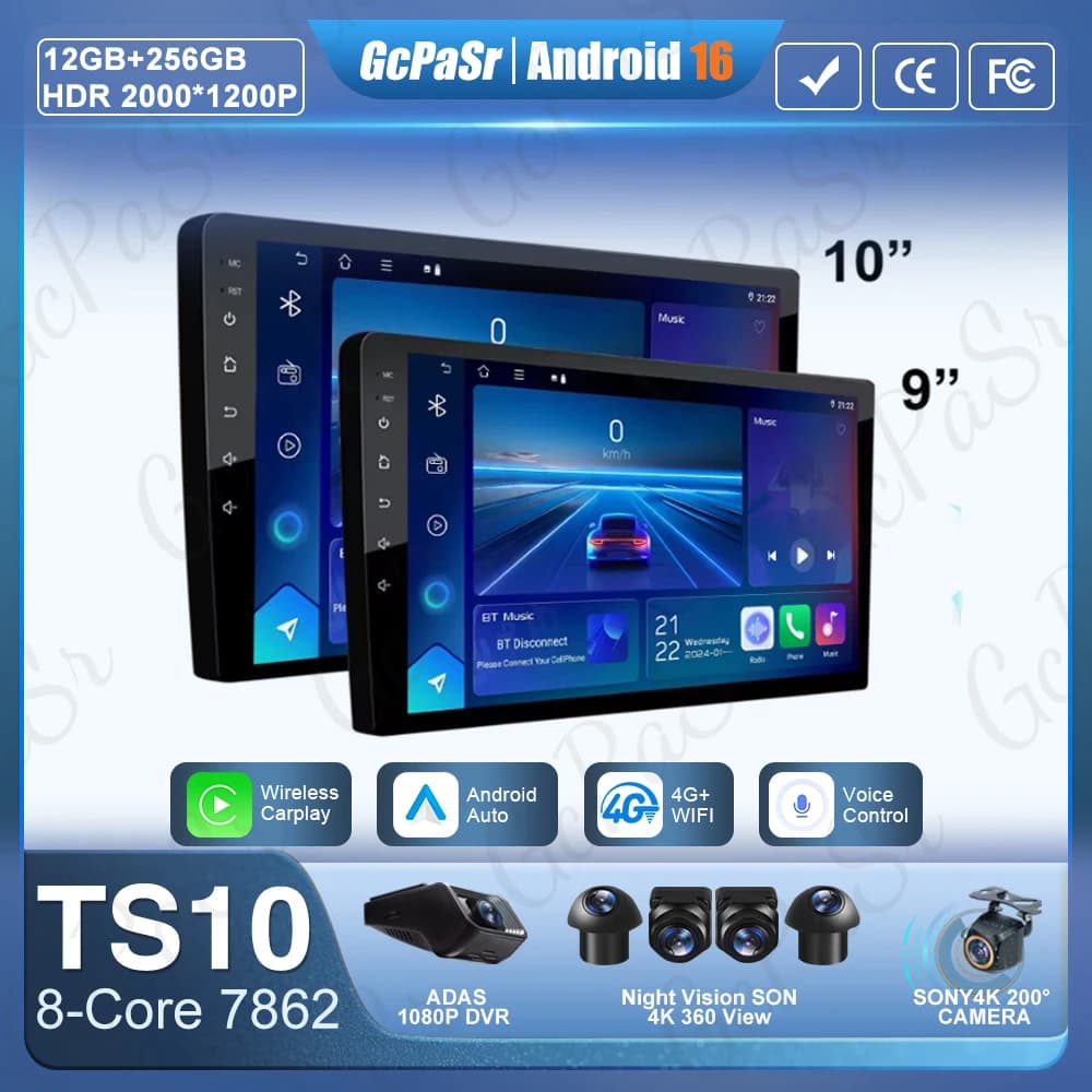 Autoradio Android 16 Universale 9/10 Pollici con CarPlay, Android Auto, GPS, Lettore Multimediale 2 DIN, WiFi, Schermo QLED, BT