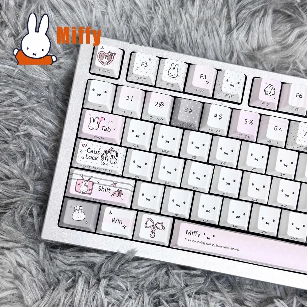 Set di Tasti per Tastiera Meccanica Kawaii Miffy, Coniglietto Carino, Grigio Pastello e Rosa, PBT con Sublimazione, Accessorio da Scrivania, Regalo per Ragazze in Ufficio