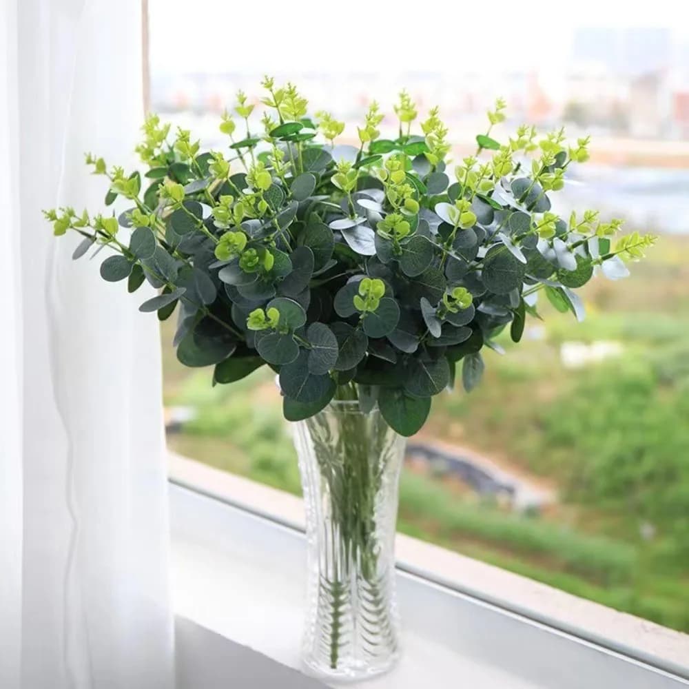 Nuovo 16 teste di eucalipto artificiale 128 pezzi foglie piante artificiali fai da te foglia di denaro bouquet da sposa per la decorazione domestica di nozze