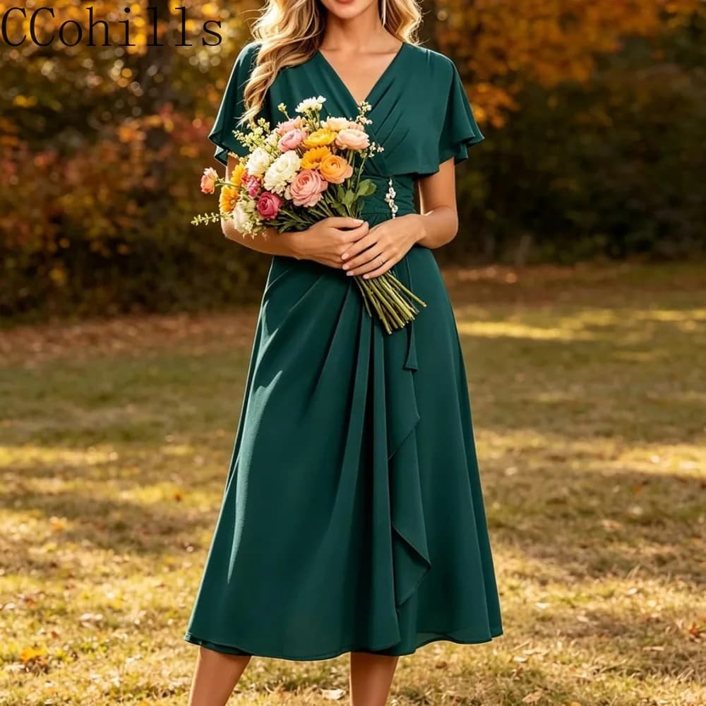 Chiffon Tea Length Mother of The Bride Dresses for Women V Neck Flutter Sleeves Pleated Wedding Guest Dress