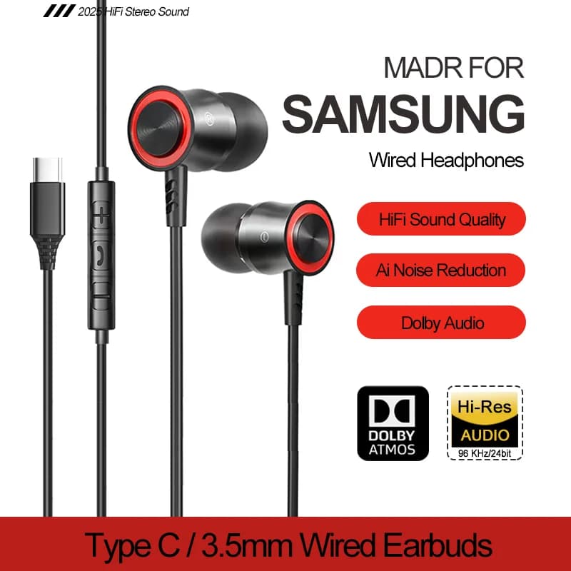 Cuffie USB C Dolby Sound con riduzione del rumore Tipo C Auricolari musicali cablati da 3,5 mm per Samsung Galaxy S24 S23 Ultra iPhone 16 15