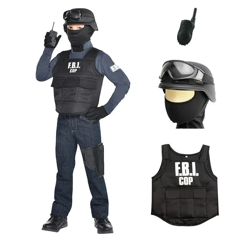 FBI Special Agent Uniform Bulletproof Vest Outfits Police Cosplay Fancy Halloween Costume for Carnival Headgear Helmet Prop