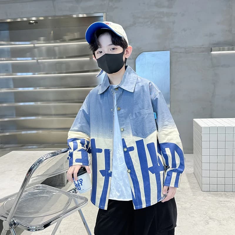 New Women's Long Sleeved Denim Shirt Spring Autumn with Letters Blue Orange jeans shirt for kids casual Children's Clothing