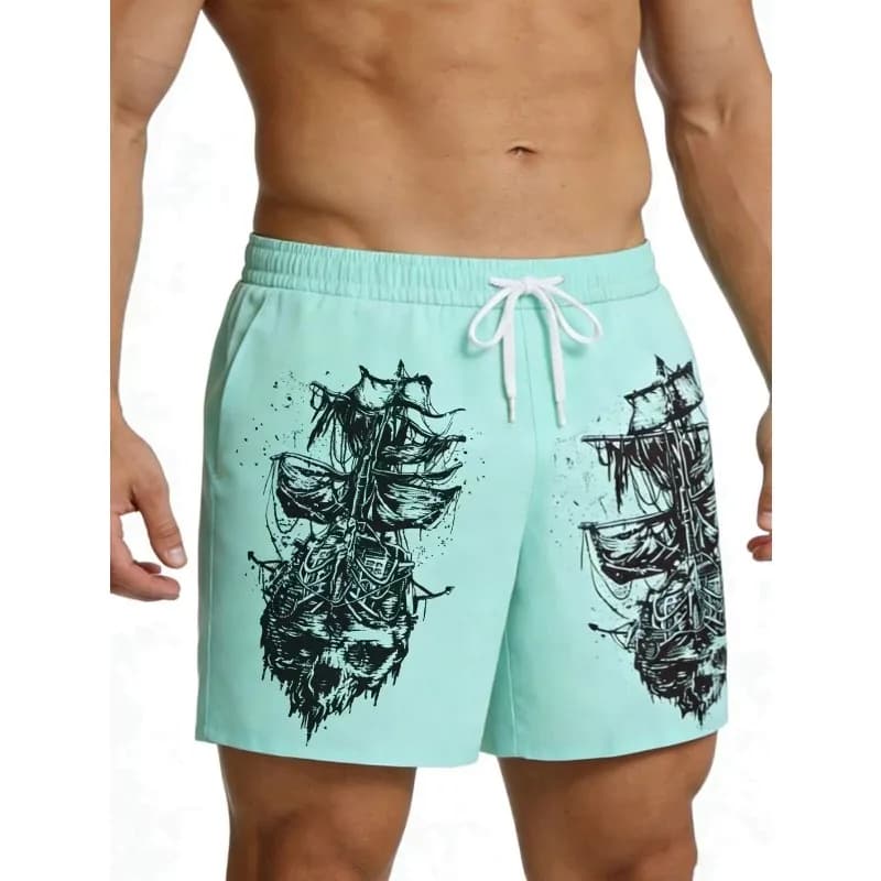 Men's Pirate Skull Sailboat Print Shorts Quick Dry Drawstring Beach Shorts Men Summer Outdoor Casual Swimming Swim Trunks