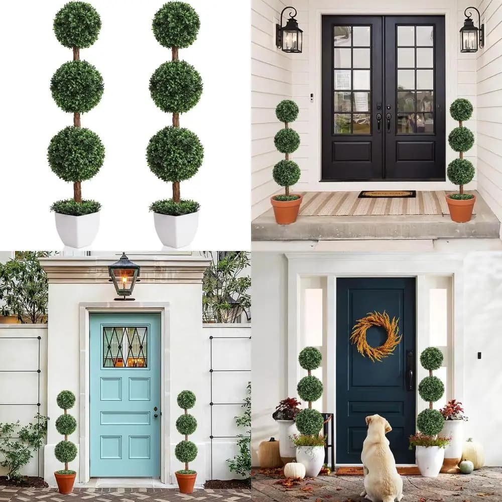 Topiari Trees in Tripla Sfera, Exterior Bosso Plants, Height 1.1 m, Set of 2, in Interior or Garden Decoration Vase (43 inches)
