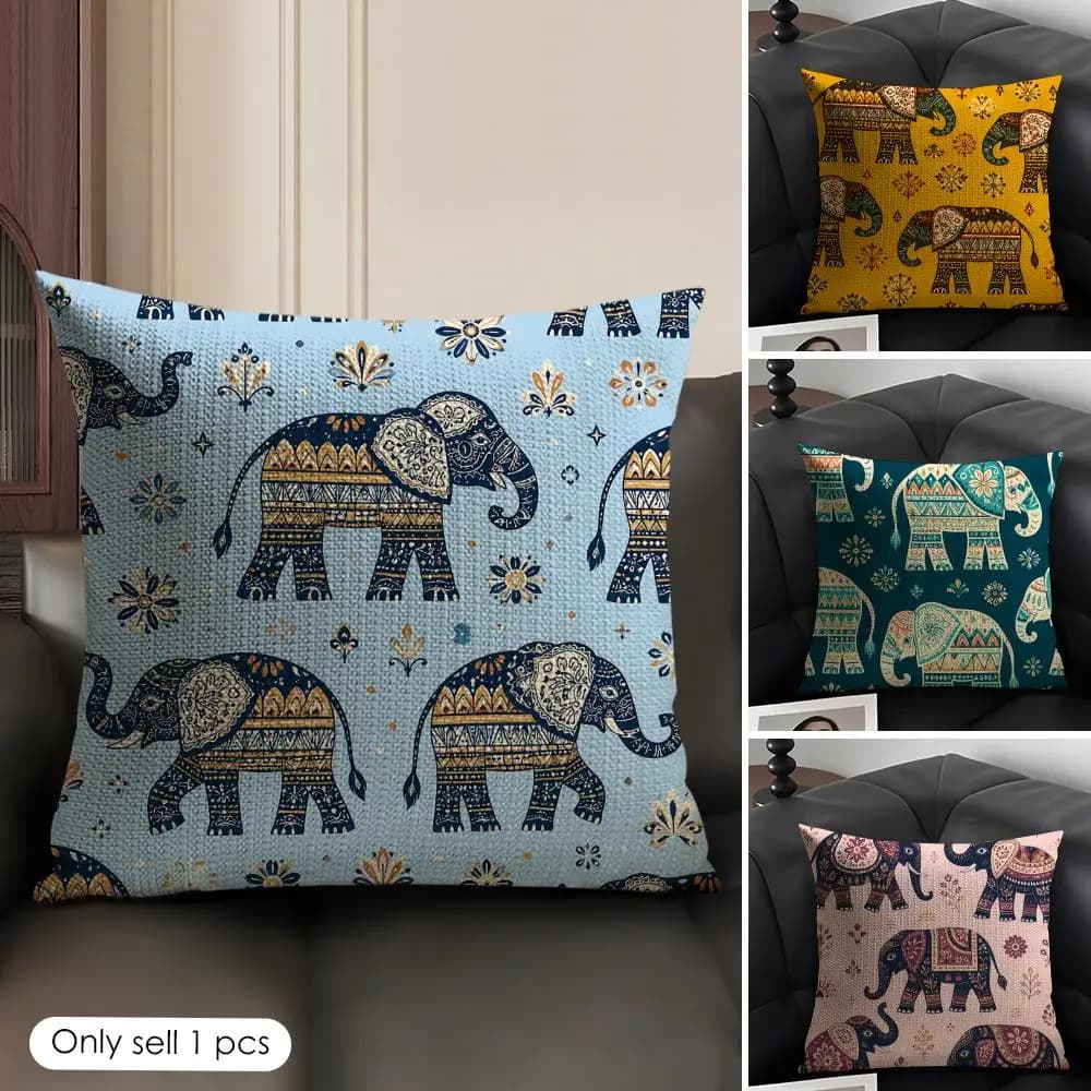 Elephant Art Design Cushion Cover Linen Organic Fabric Double-Sided Printing Sofa Breathable Home Decor Gift Pillow Case