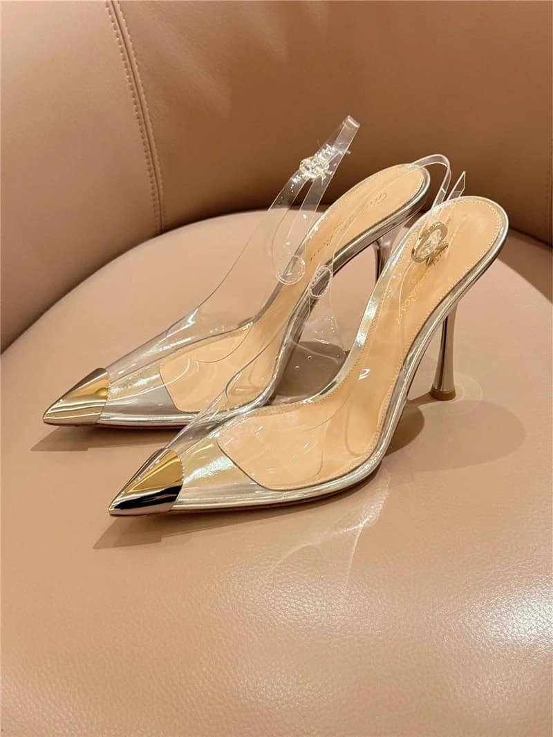 Spring and summer new metal pointed toe transparent PVC stitching single shoes banquet dress thin high-heeled women's sandals
