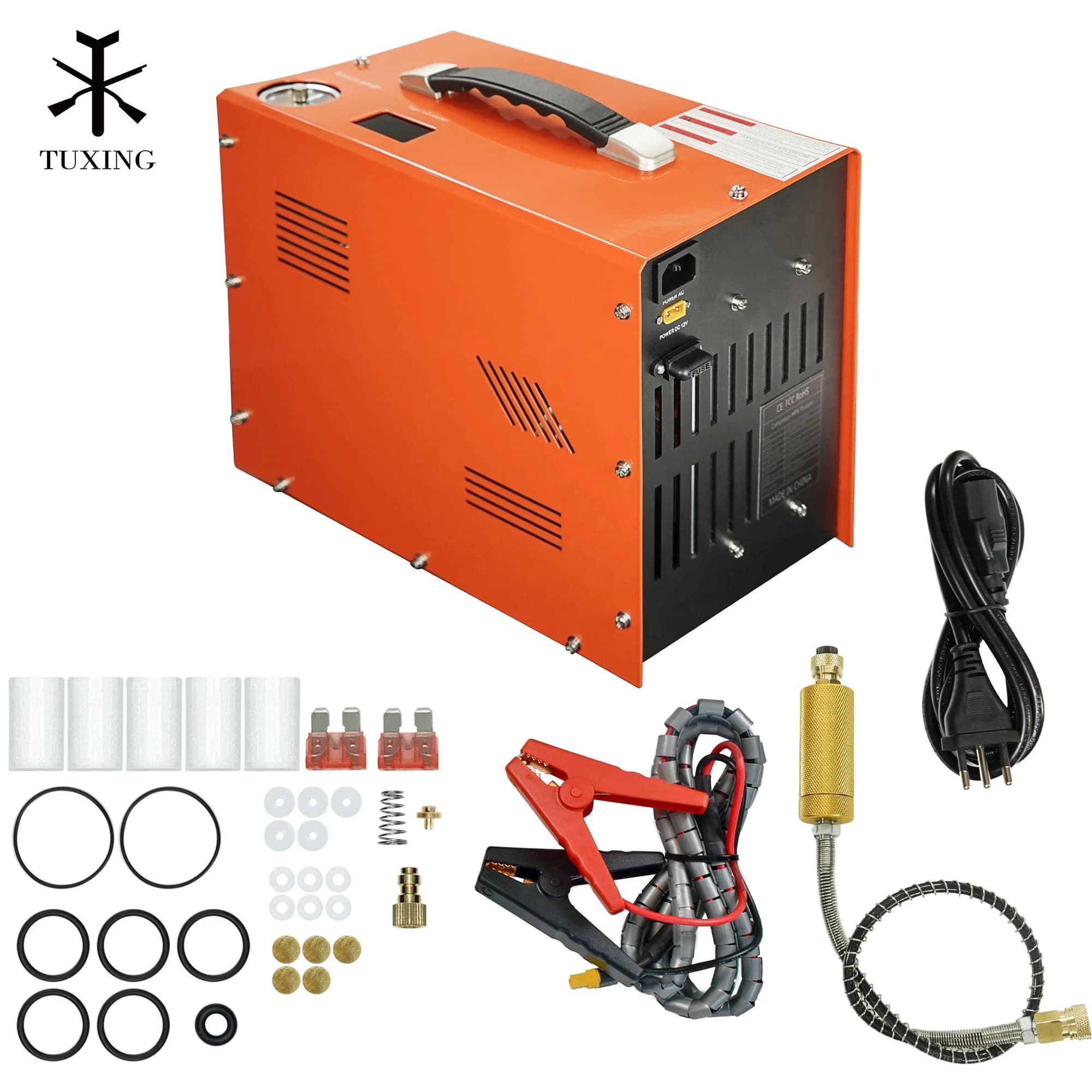 Compressore d'Aria PCP TUXING ad Alta Pressione Senza Olio 4500psi 300bar 30mpa 110V 12V con Raffreddamento a Ventola e Arresto Automatico per Snorkeling e Paintball