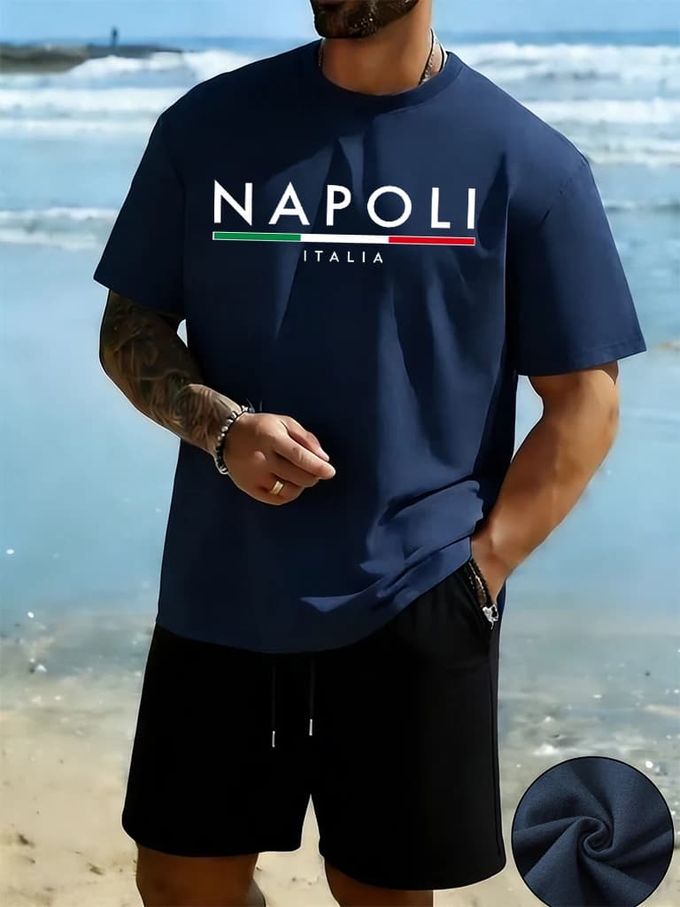 Complete by Men Naples Italy with Pattern to Letters, T-Shirt Classic Road Sports Cotton, Top from Beach, T-Shirts and Shorts Estivi Larghi, Set Casual 2 Pieces