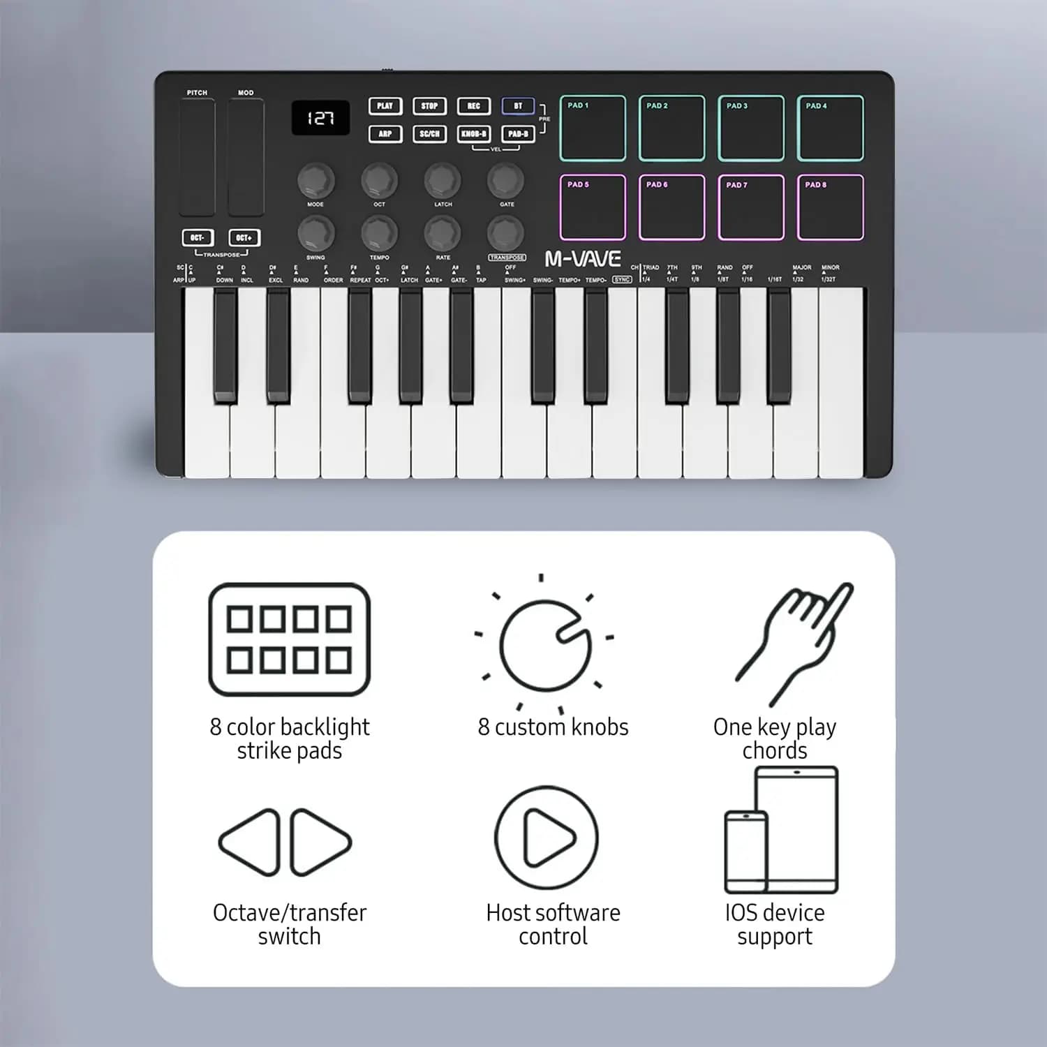 M-VAVE SMK-25 MIDI Keyboard Controller With 25 Velocity Sensitive Keys 8 Backlit Drum Pads, Wireless Piano Keyboard