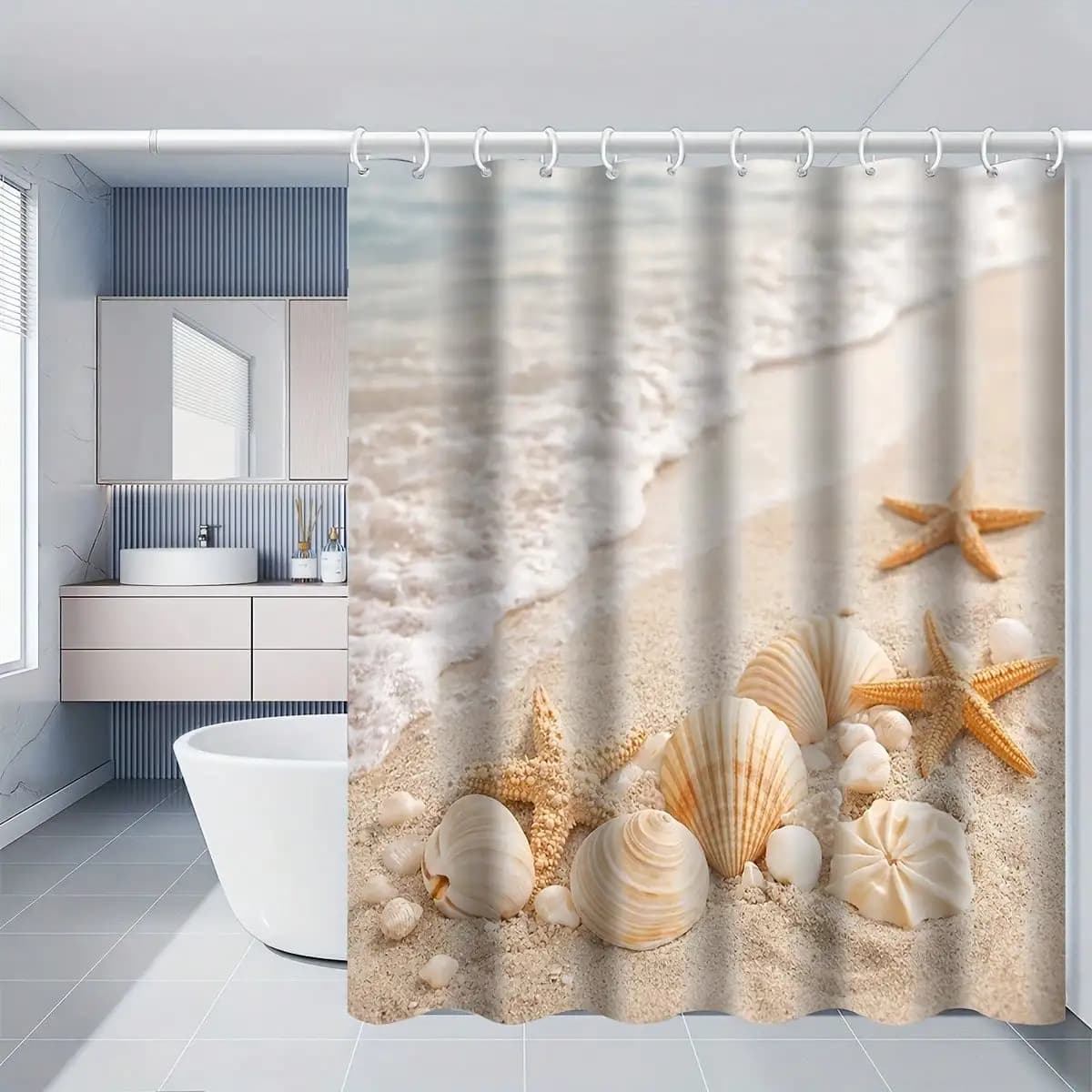 Set di 1/3/4 Pezzi Tenda da Doccia con Conchiglie, Decorazione Bagno con Conchiglie e Stelle Marine, Accessori con Tappetino da Bagno, Tappetino a Forma di U