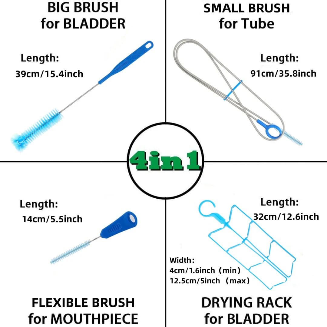 Kit di Pulizia 4 in 1 per Sacche d'Acqua, Spazzola Multifunzionale per Tubi, Supporto per Asciugatura, Strumento Portatile per Campeggio ed Escursionismo