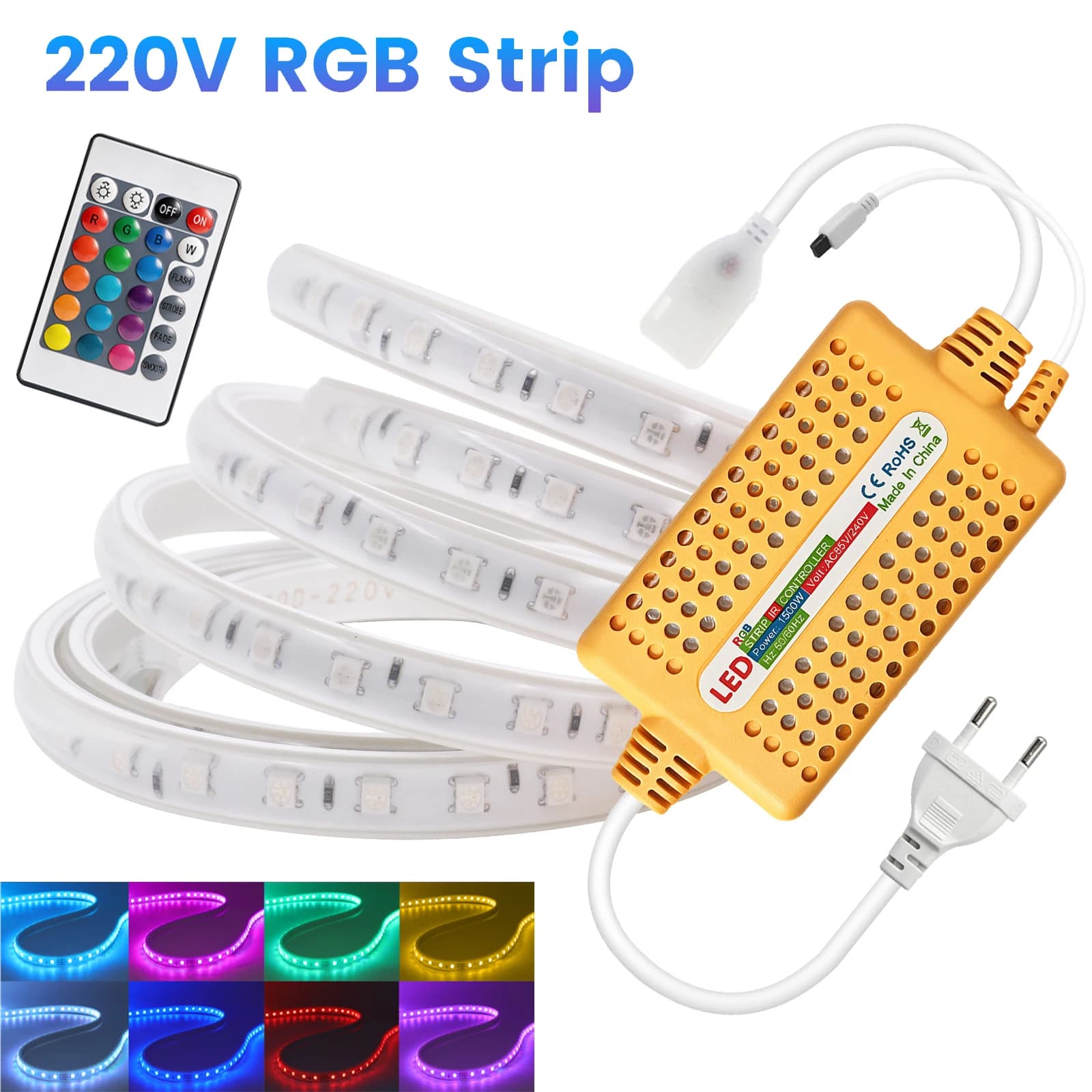 AC RGB LED Strip Light 220V 24Key Remote 5050 60LEDs/M Waterproof 1000W Controller Flexible LED Tape EU Plug for Room Decoration