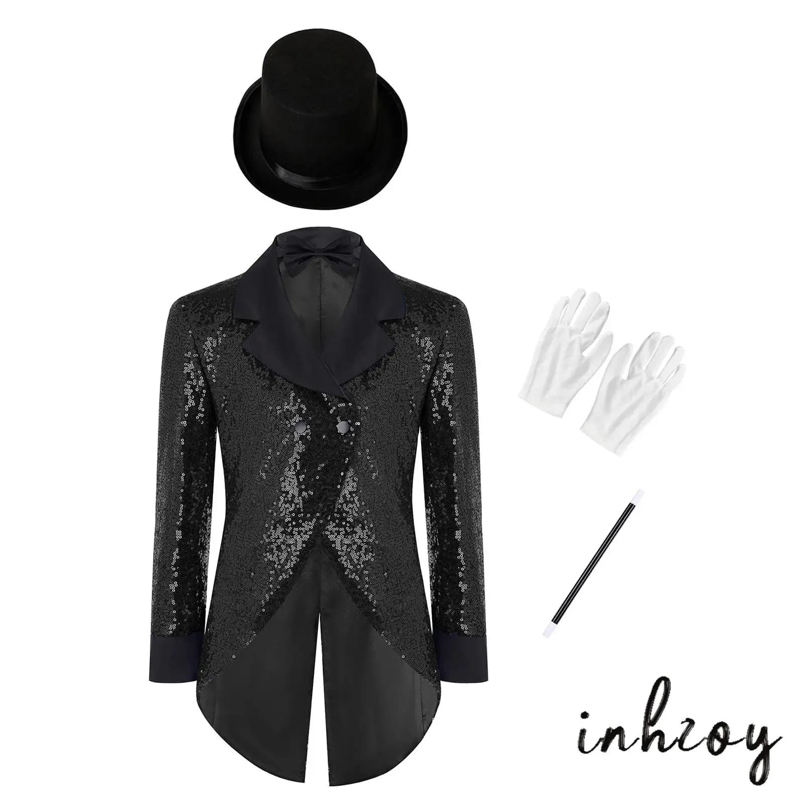 Boys Stage Performance Magician Suit Double Breasted Sequin Tailcoat Jacket+Bowtie Hat+Gloves+Wands Set Halloween Circus Costume