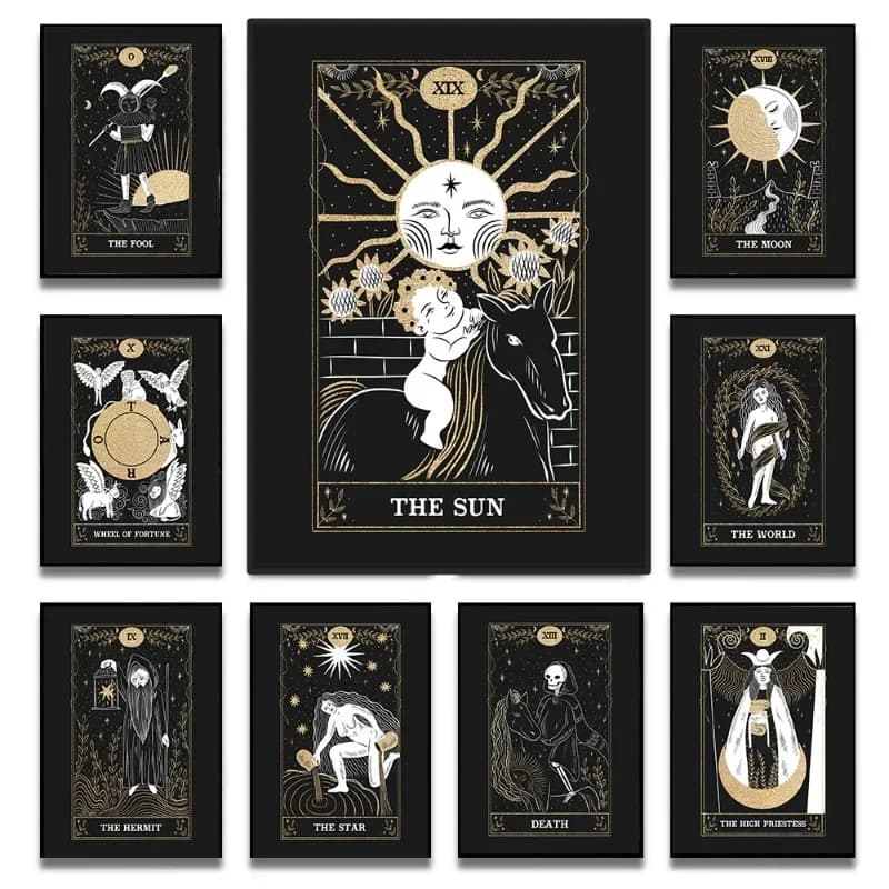 Oro nero psichedelico sole luna tarocchi carta Poster Hippie astrologia divinazione stregoneria tela pittura parete stanza Boho Decor