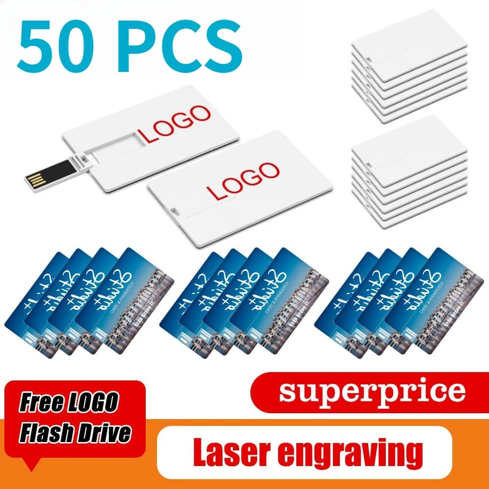 50 Pezzi Chiavetta USB a Forma di Carta di Credito 4GB 8GB 16GB 32GB 64GB 128GB USB 2.0 con Logo Personalizzato Gratuito per Regalo