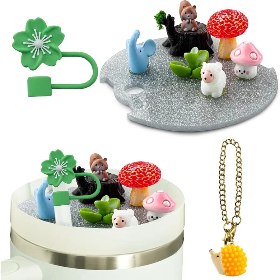 Set di accessori per coperchio per tazza Coperchio per tazza da 40 once decorativo con ciondoli per manico e stivale in silicone e tappo di copertura Foresta