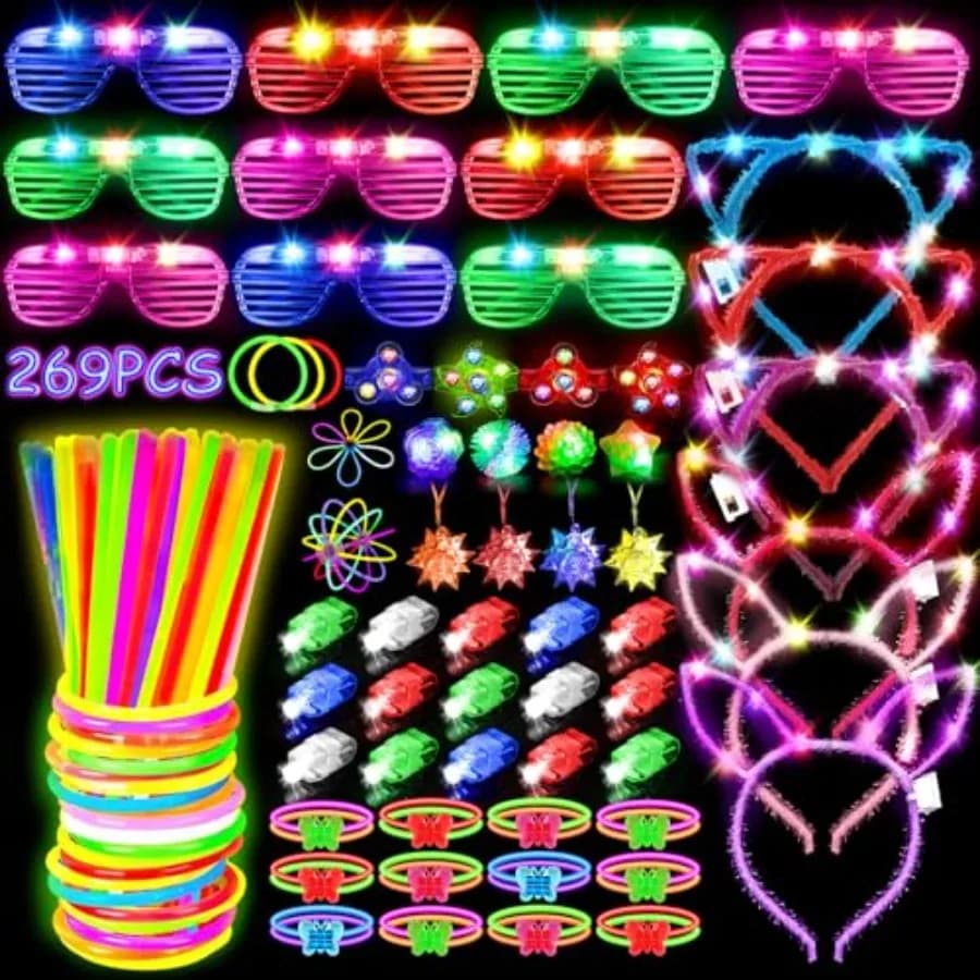269Pcs Led Light Up Toys Party Favors Glow in the Dark Party plies for Kid/Adults with Light Up Glasses, Headband, Rings, Brace