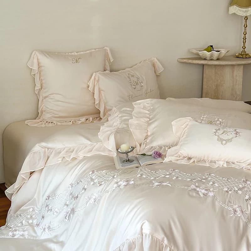 1000TC Egyptian Cotton Flowers Embroidery Lace Volant Set Princess Bedlinen Cover Flat/with Corners Loyalty 4 pieces