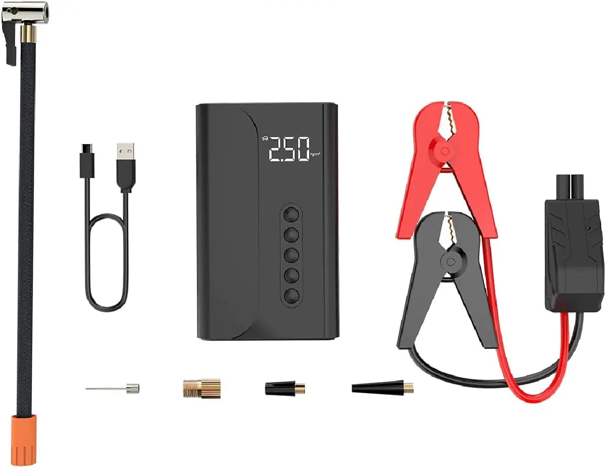 Avviatore portatile con compressore d'aria, 10400 mAh, 150 PSI, booster batteria 12 V, display LCD, luci LED, Power Bank – RAPIKITS