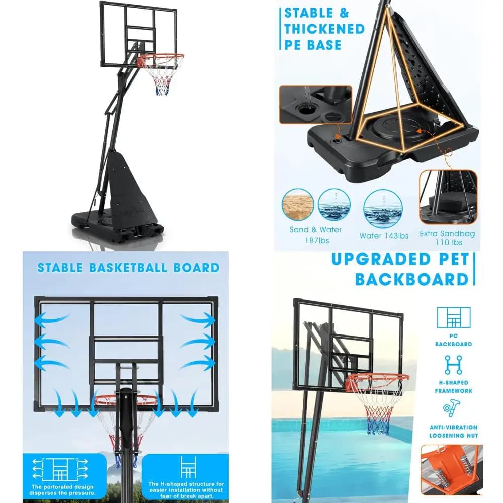 Adjustable height basketball basket: 6.9 to 10 feet, suitable for children and adults, outdoor/indoor use, durable PE rear panel