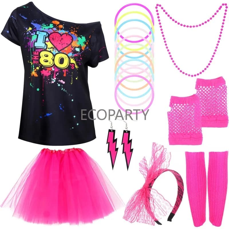 Accessori per costumi anni '80 Gonna tutu da donna Guanti a rete al neon Collana di perline Bracciale Orecchini Set di costumi da festa per adulti anni '80