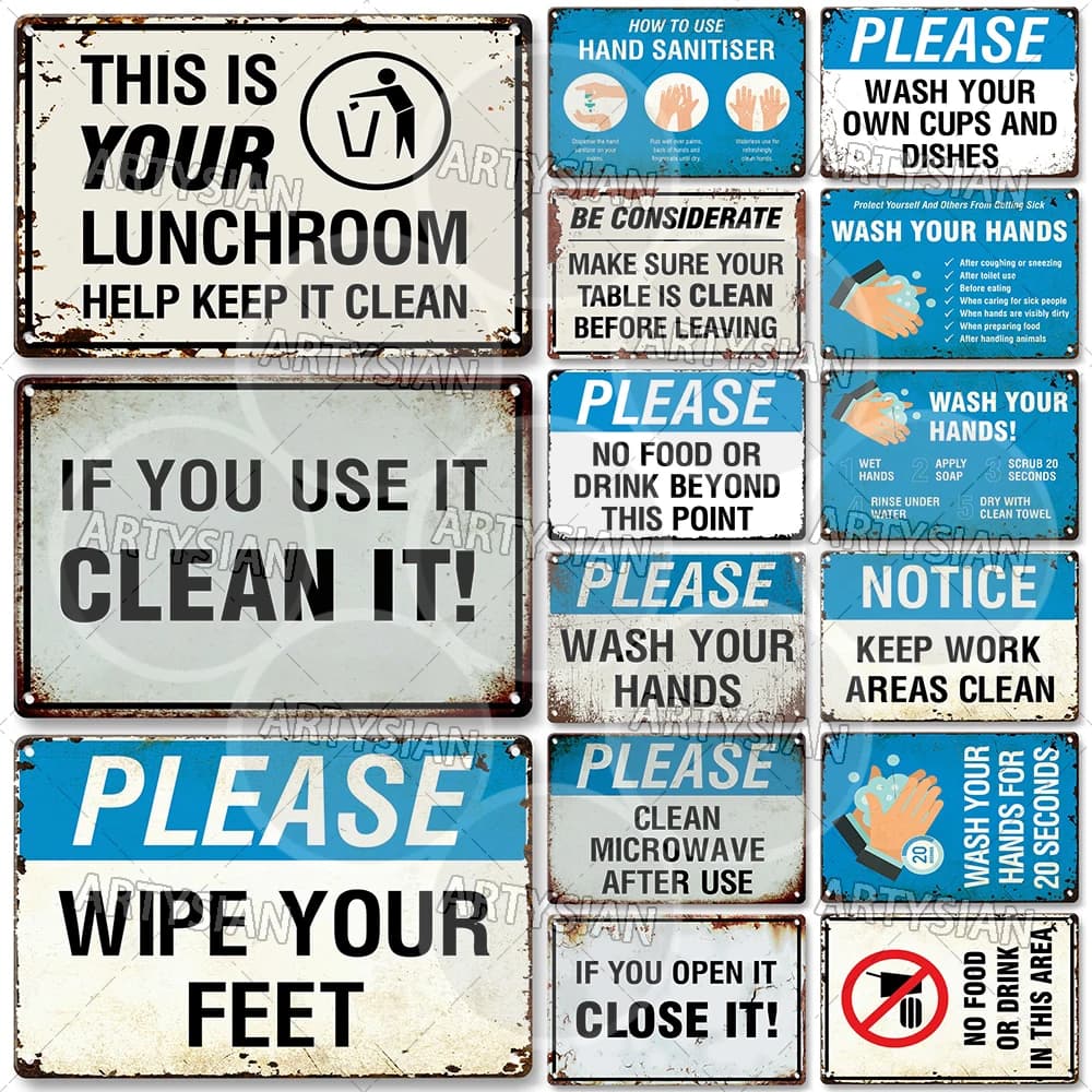 Cartello in metallo per l'igiene, nessuna scarpa, nessuna bevanda alimentare, ristorante, ufficio, scuola, spazio pubblico, targa, lava il disinfettante per le mani, mantiene pulito