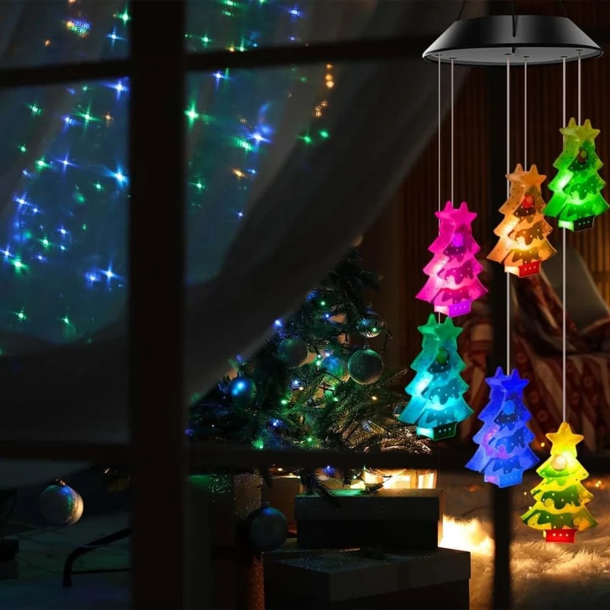 1PC Solar Powered UV Christmas Tree Wind Chime Light Outdoor Garden 6 LED Hanging Decorative Lamp For Home Patio Balcony Decor