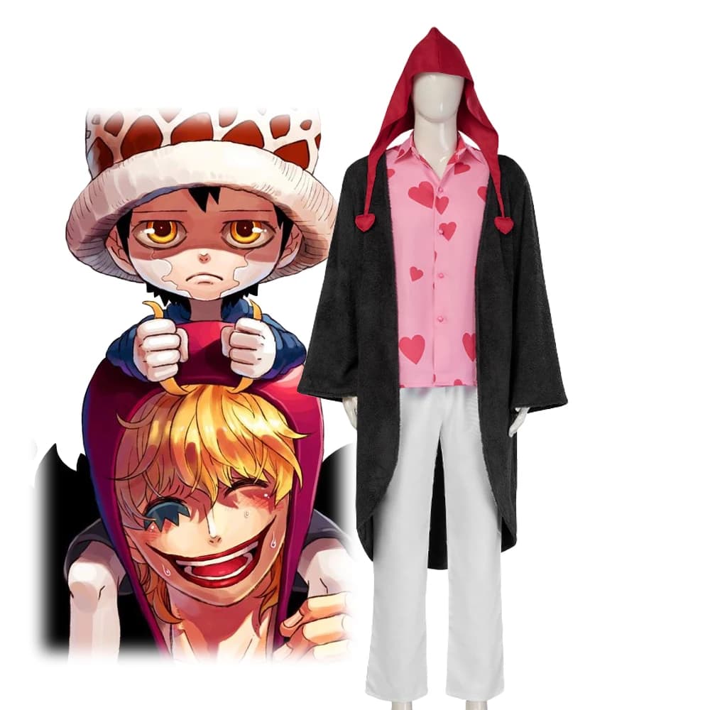 Halloween Carnival Dress Donquixote Rosinante Corazon Costume Cosplay Black Plush Jacket Pink Shirt Red Hats White pants Man