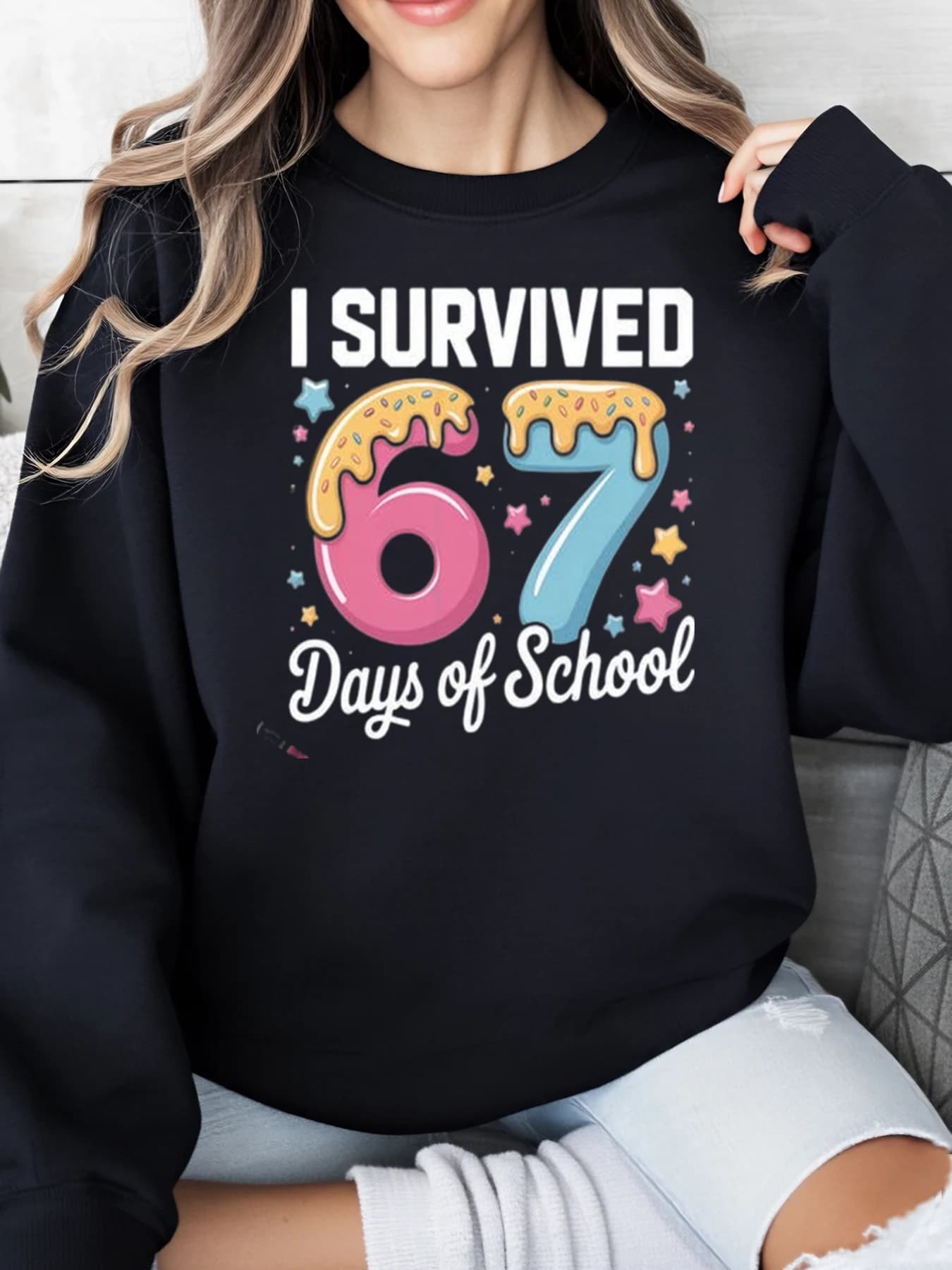 I survived 67 days of school sweatshirt with donut print School Celebration Casual Clothing Women Black Plus Sizes