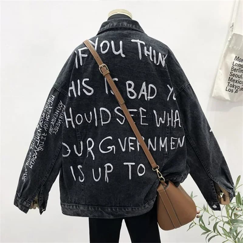 Autumn Korean Letter Embroidery Denim Jacket Coat Women Loose Mid Long Student Cowboy Outerwear Big Pocket Jeans Jacket Female