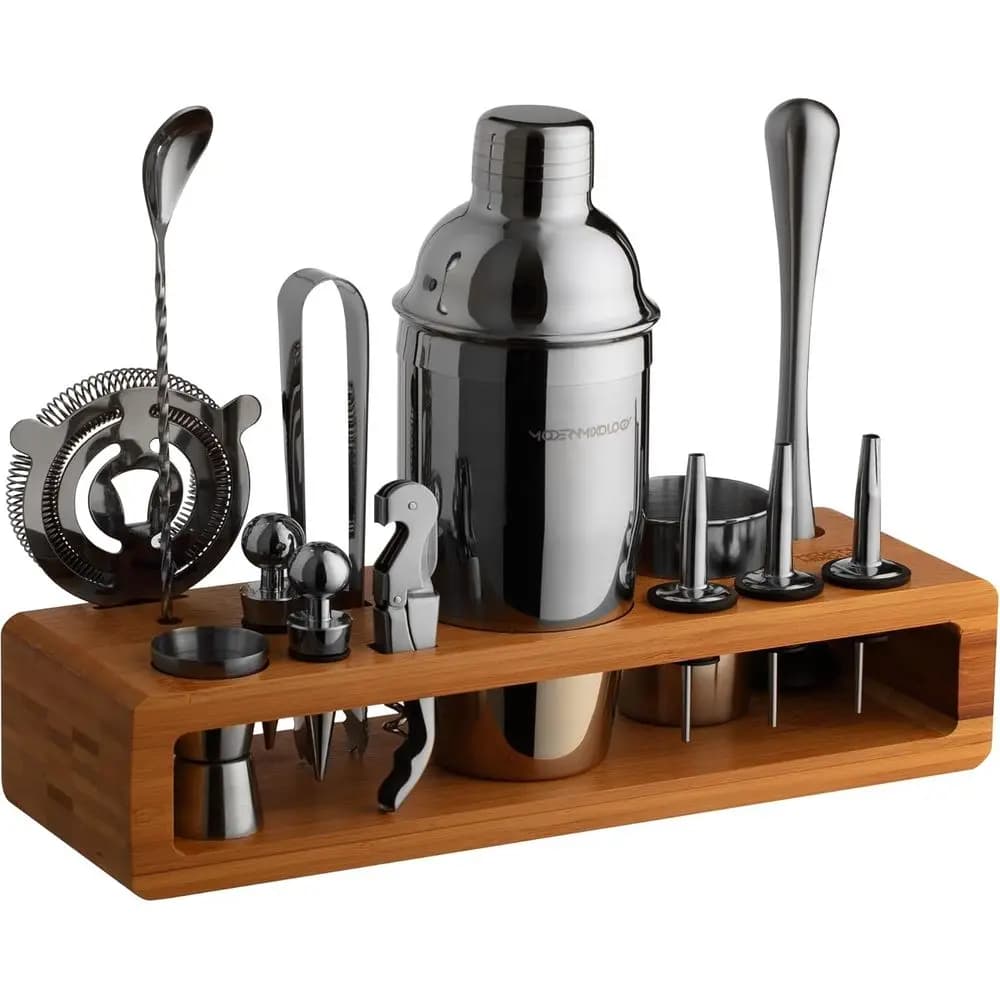 Set da Cocktail 21 Pezzi | Set di Utensili da Bar Portatili con Supporto | Kit Completo per Appassionati di Bartending | Opzioni Nero e Marrone