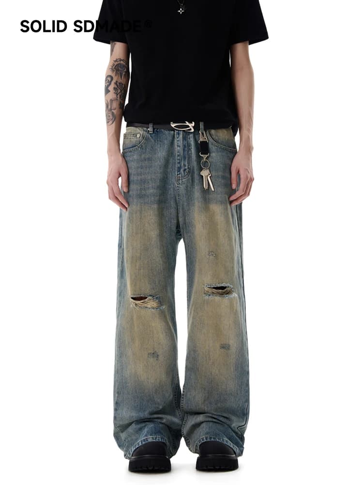SDMADE American Retro Hole Denim Jeans Men's Trendy Loose Straight Leg Micro Flared Pants Youth Popular Long Pants Jeans
