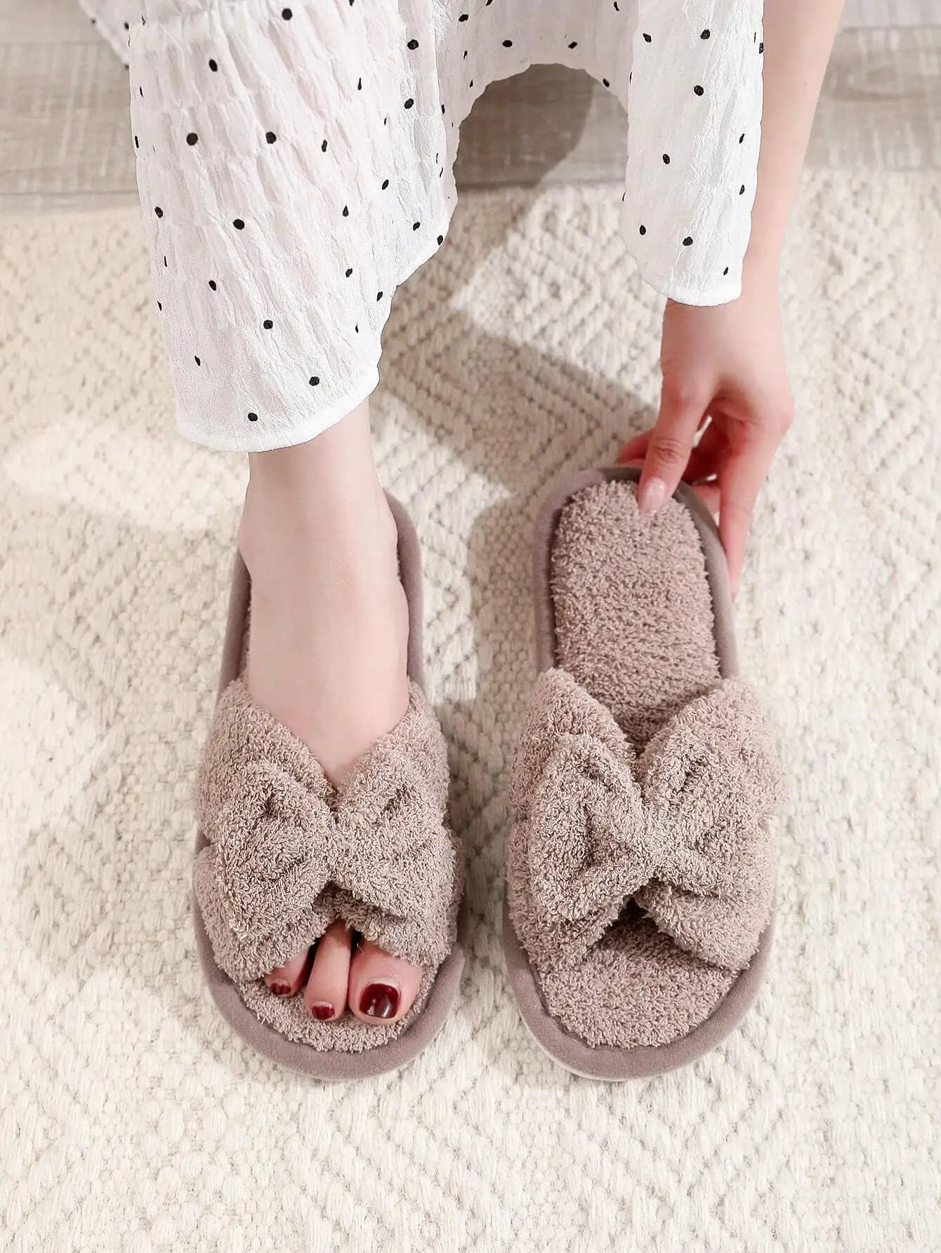 Fall/Winter Open Toe Indoor Slippers With Soft Bottoms, Quiet On Wooden Floors, For Spring And Autumn Home Use,Fluffy Slippers