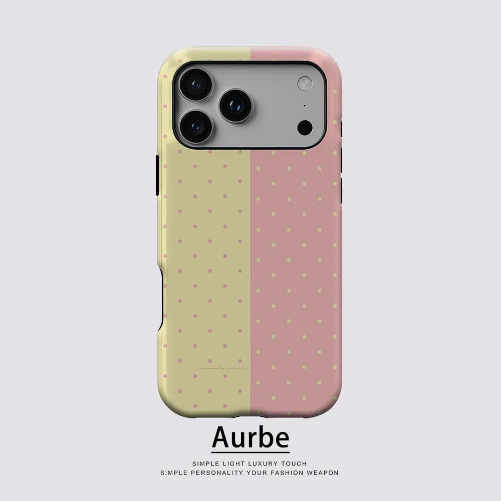 Custodia Aurbe Matte 2-in-1 con Pellicola e Supporto MagSafe per iPhone 17 16 15 Plus 17 Pro Max, Antiurto, Rigida, Giallo Rosa con Pois Divisi