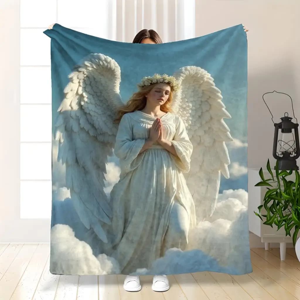 Serene Angel Flannel Blanket - Soft 30s All-Season Luxury Bedspread with Ethereal Floral Crown & Angel Design, Golden & Pastel C