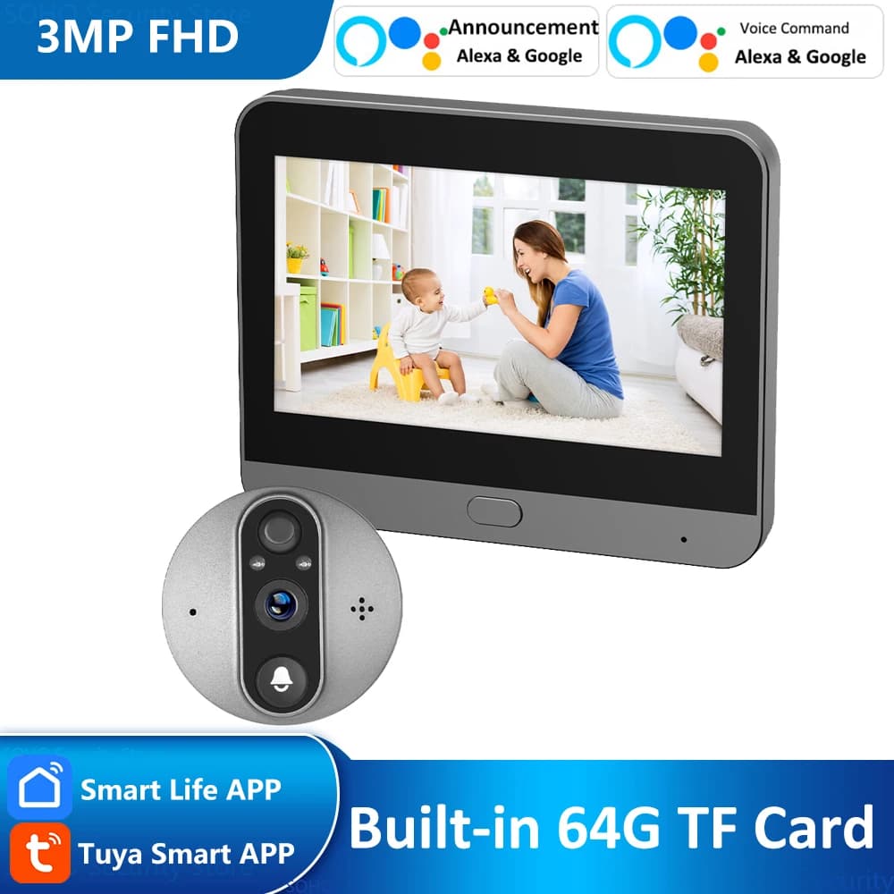 4.3 pollici 3MP Tuya Smart Life APP Batteria 2.4Ghz WiFi Audio Video Occhio digitale Campanello per porte Spioncino Visualizzatore Telecamera PIR Alexa Google